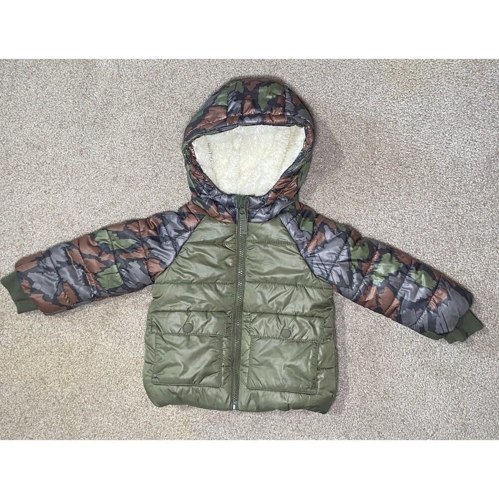 Cat & Jack Baby Boys Camo Olive Green Puffer Jacket Faux Fur Lined Hood 12M